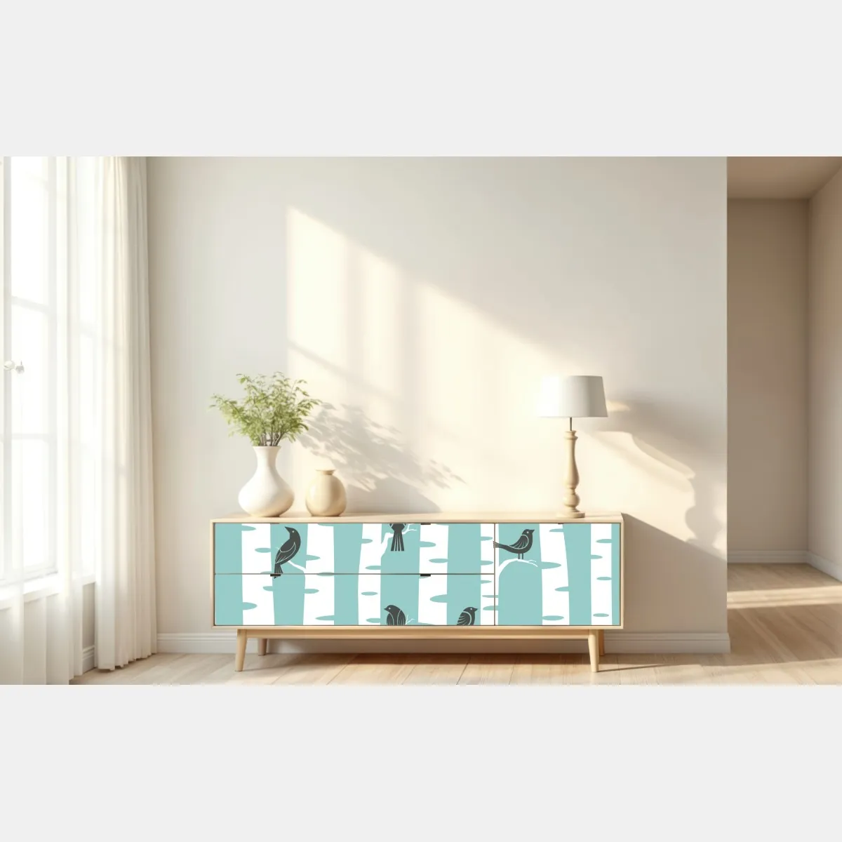 Naklejka repozycjonowalna turkusowy las brzóz z ptakami – Wallissimo® Naklejka repozycjonowalna turkusowy las brzóz z ptakami – Wallissimo®