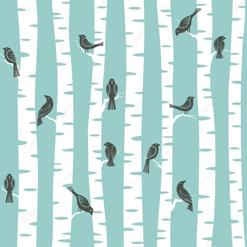 Naklejka repozycjonowalna turkusowy las brzóz z ptakami – Wallissimo® Naklejka repozycjonowalna turkusowy las brzóz z ptakami – Wallissimo®