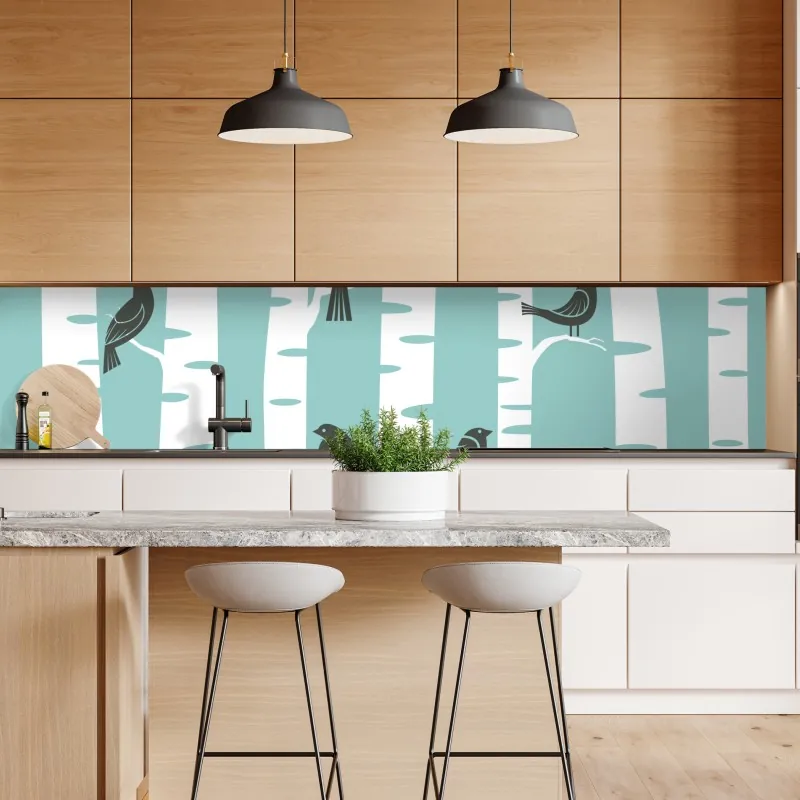 Naklejka repozycjonowalna turkusowy las brzóz z ptakami – Wallissimo® Naklejka repozycjonowalna turkusowy las brzóz z ptakami – Wallissimo®