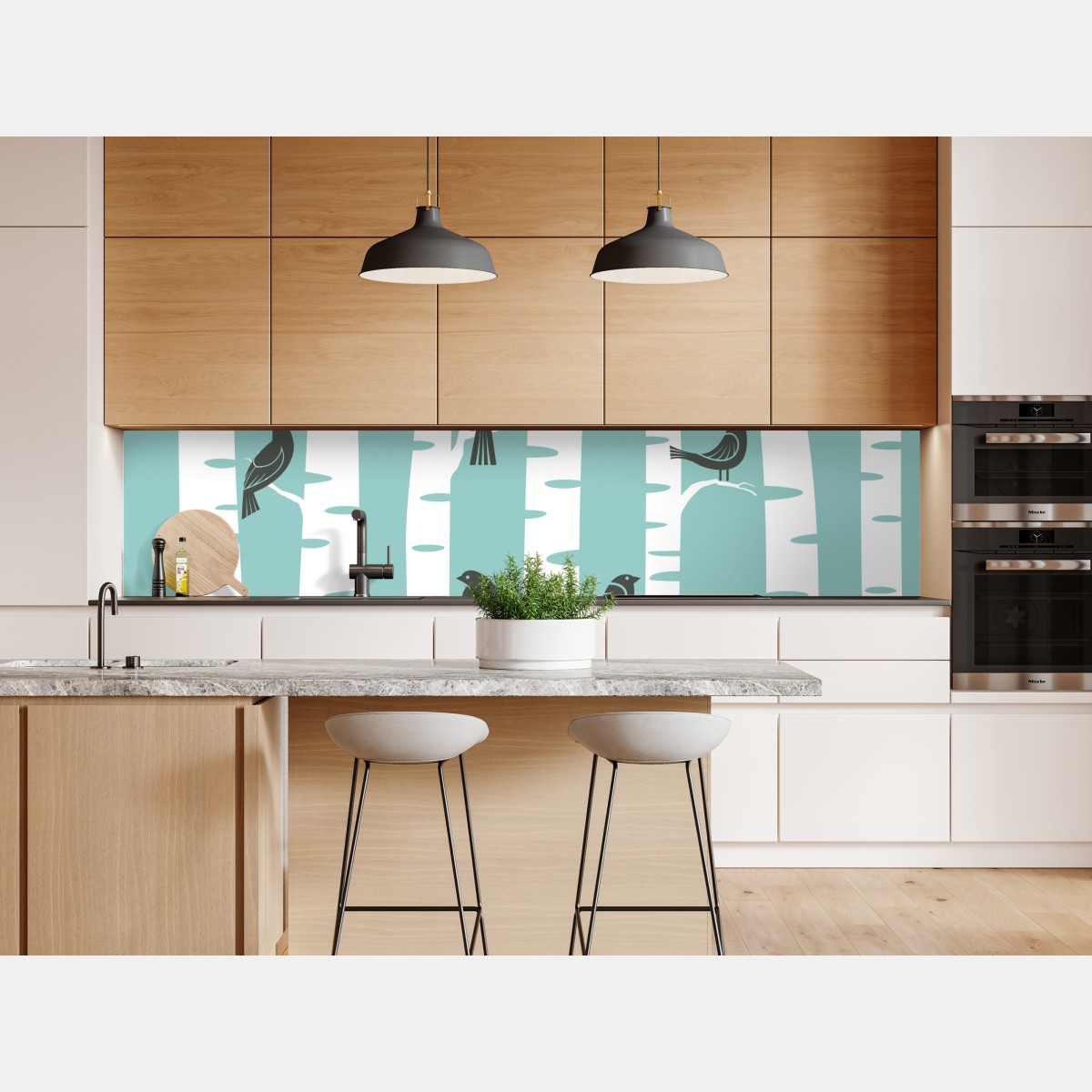 Naklejka repozycjonowalna turkusowy las brzóz z ptakami – Wallissimo® Naklejka repozycjonowalna turkusowy las brzóz z ptakami – Wallissimo®