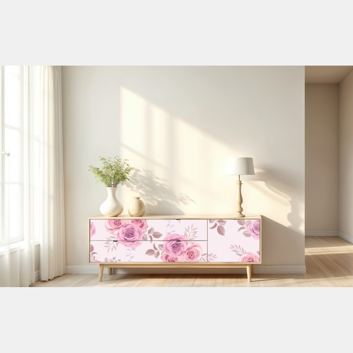 Naklejka repozycjonowalna delikatny różowy wzór z różami – Wallissimo® Naklejka repozycjonowalna delikatny różowy wzór z różami – Wallissimo®