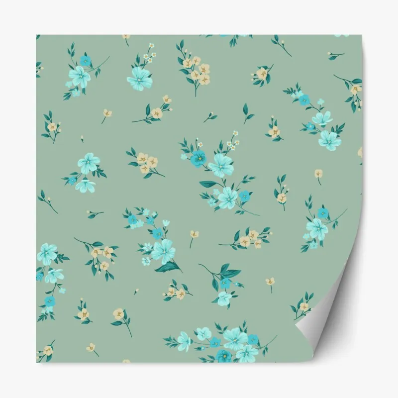 Naklejka repozycjonowalna pastelowy turkusowy wzór kwiatowy na miętowym tle