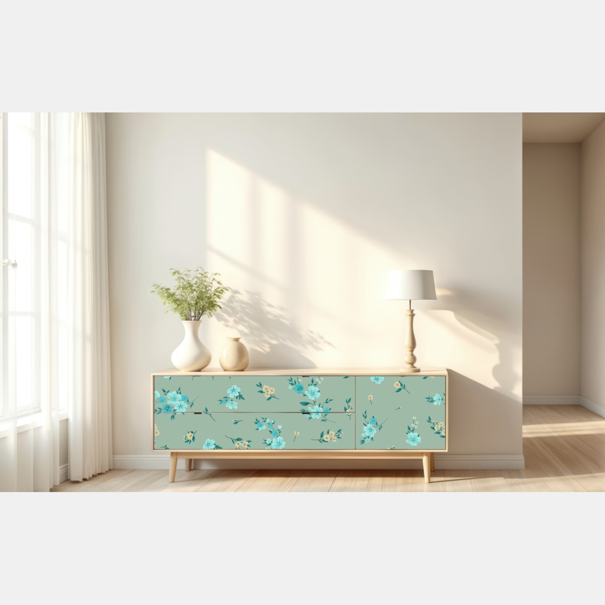Naklejka repozycjonowalna pastelowy turkusowy wzór kwiatowy na miętowym tle – Wallissimo® Naklejka repozycjonowalna pastelowy turkusowy wzór kwiatowy na miętowym tle – Wallissimo®