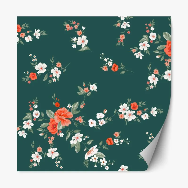 Naklejka repozycjonowalna vintage koralowy wzór kwiatowy na ciemnozielonym tle
