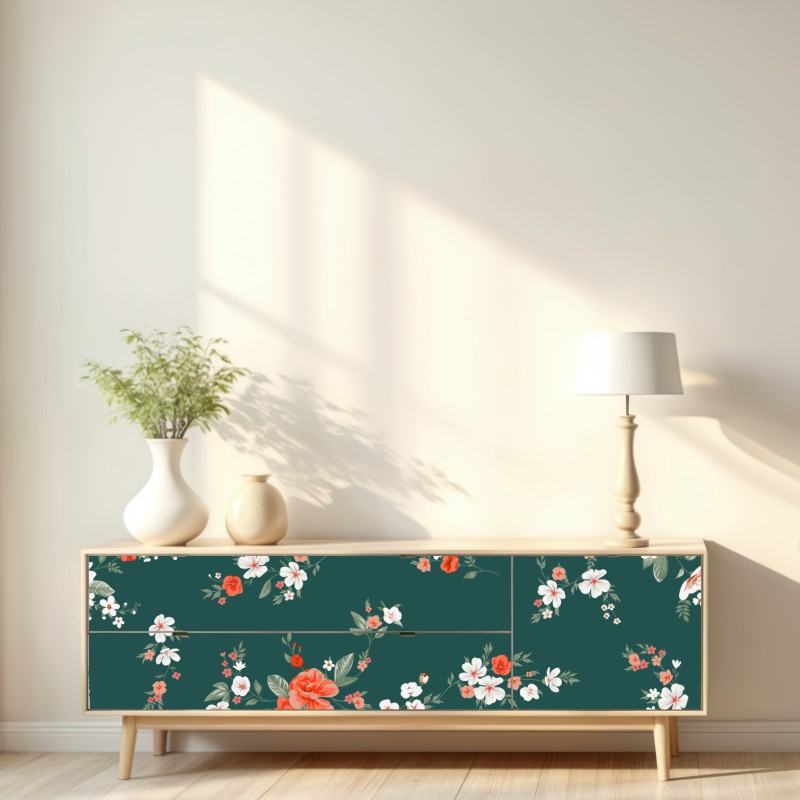 Naklejka repozycjonowalna vintage koralowy wzór kwiatowy na ciemnozielonym tle – Wallissimo® Naklejka repozycjonowalna vintage koralowy wzór kwiatowy na ciemnozielonym tle – Wallissimo®