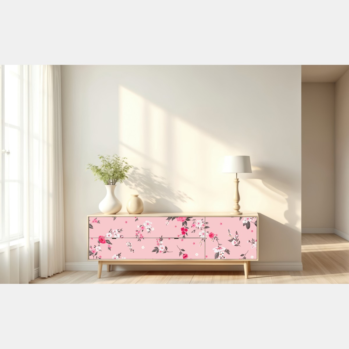 Naklejka repozycjonowalna delikatny różowy wzór kwiatowy – Wallissimo® Naklejka repozycjonowalna delikatny różowy wzór kwiatowy – Wallissimo®