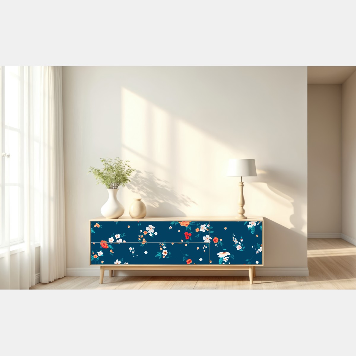 Naklejka repozycjonowalna delikatny rozproszony wzór kwiatowy na głębokim turkusie – Wallissimo® Naklejka repozycjonowalna delikatny rozproszony wzór kwiatowy na głębokim turkusie – Wallissimo®