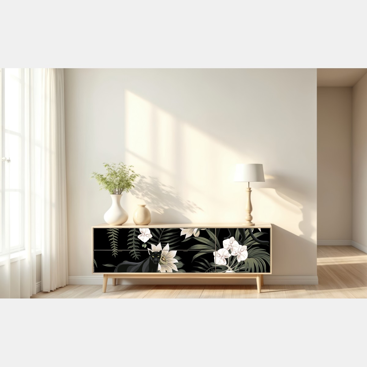 Naklejka repozycjonowalna botaniczny wzór z czarną panterą – Wallissimo® Naklejka repozycjonowalna botaniczny wzór z czarną panterą – Wallissimo®