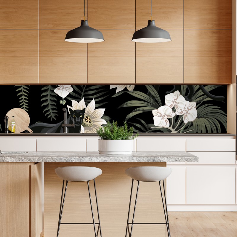 Naklejka repozycjonowalna botaniczny wzór z czarną panterą – Wallissimo® Naklejka repozycjonowalna botaniczny wzór z czarną panterą – Wallissimo®