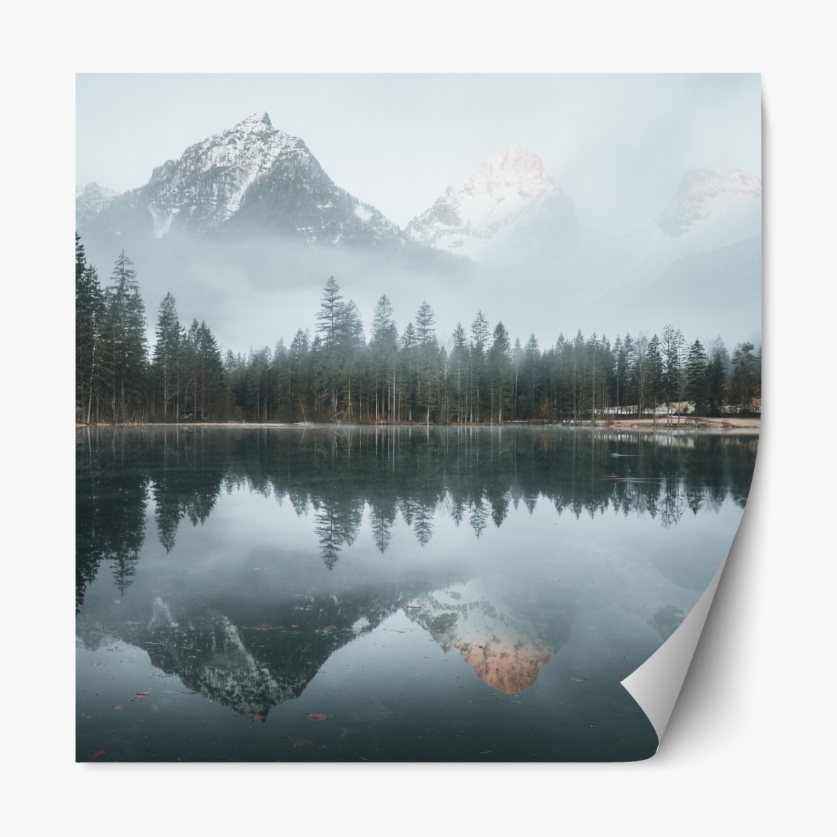 Repositionable sticker misty alpine reflection over tranquil lake