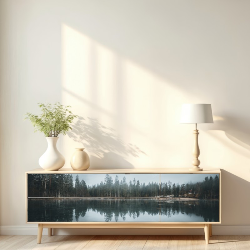 Naklejka repozycjonowalna mglista alpejska panorama nad jeziorem – Wallissimo® Naklejka repozycjonowalna mglista alpejska panorama nad jeziorem – Wallissimo®