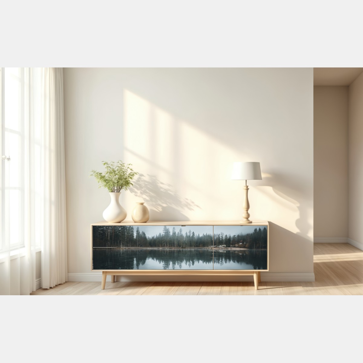 Naklejka repozycjonowalna mglista alpejska panorama nad jeziorem – Wallissimo® Naklejka repozycjonowalna mglista alpejska panorama nad jeziorem – Wallissimo®