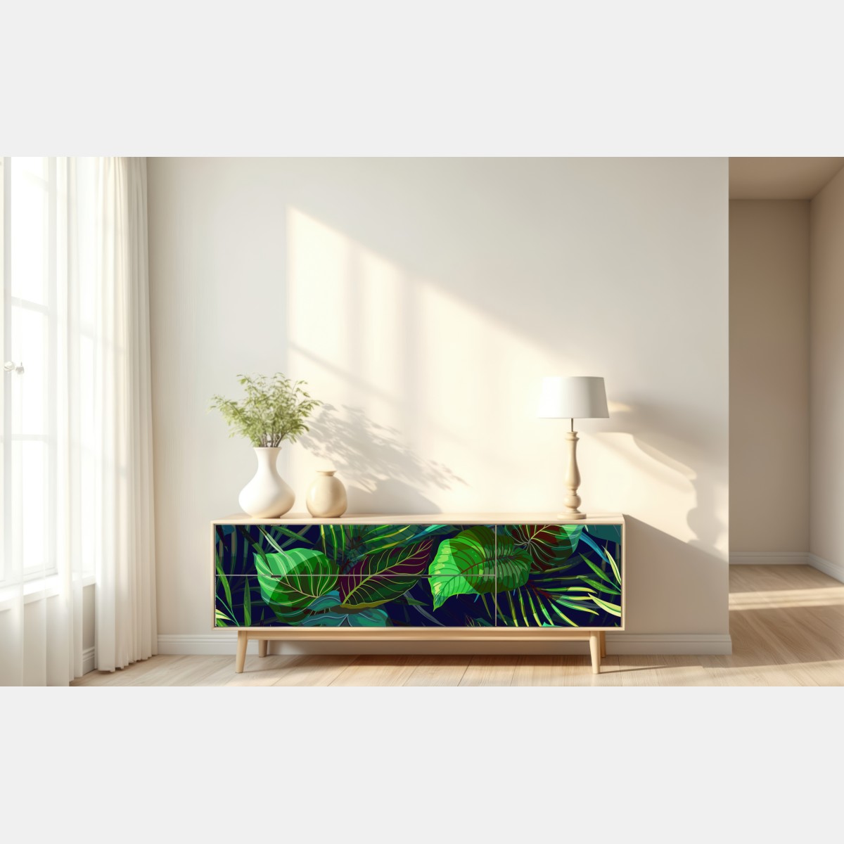 Naklejka repozycjonowalna tropikalny zielony wzór liści – Wallissimo® Naklejka repozycjonowalna tropikalny zielony wzór liści – Wallissimo®
