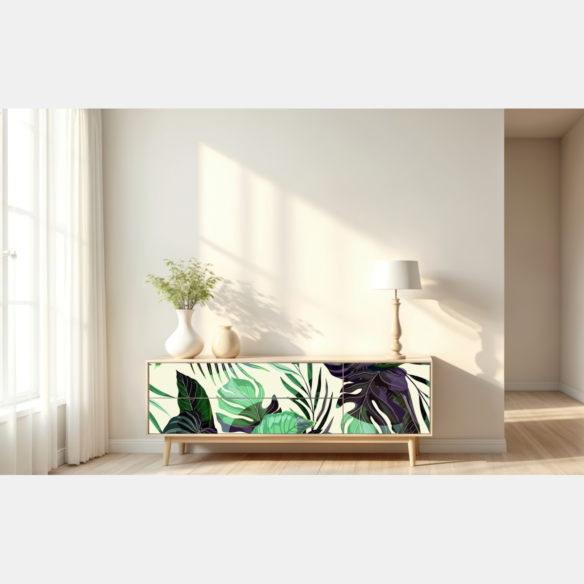 Naklejka repozycjonowalna tropikalny wzór liści w zielonych tonach – Wallissimo® Naklejka repozycjonowalna tropikalny wzór liści w zielonych tonach – Wallissimo®