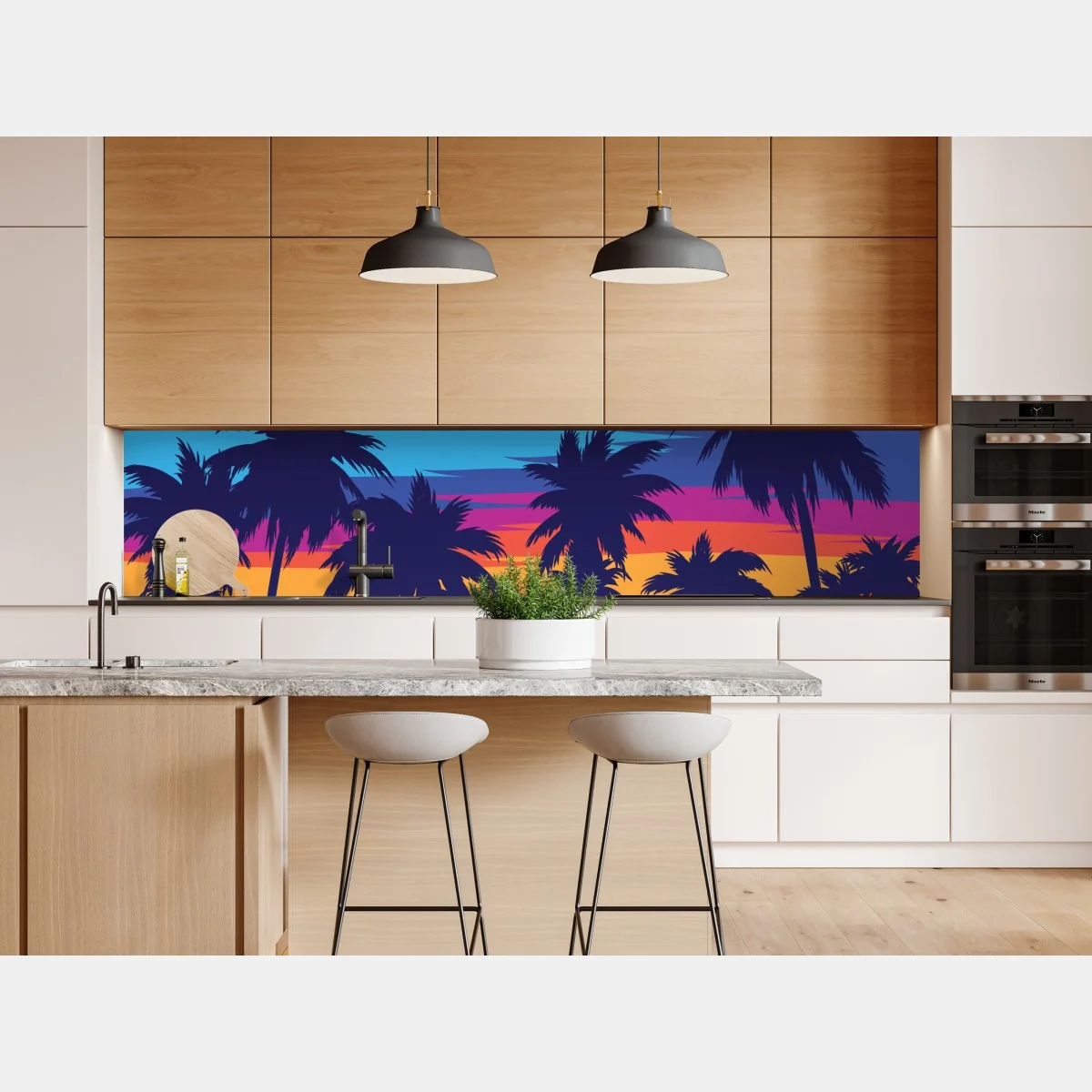 Naklejka repozycjonowalna żywy zachód słońca z palmami – Wallissimo® Naklejka repozycjonowalna żywy zachód słońca z palmami – Wallissimo®
