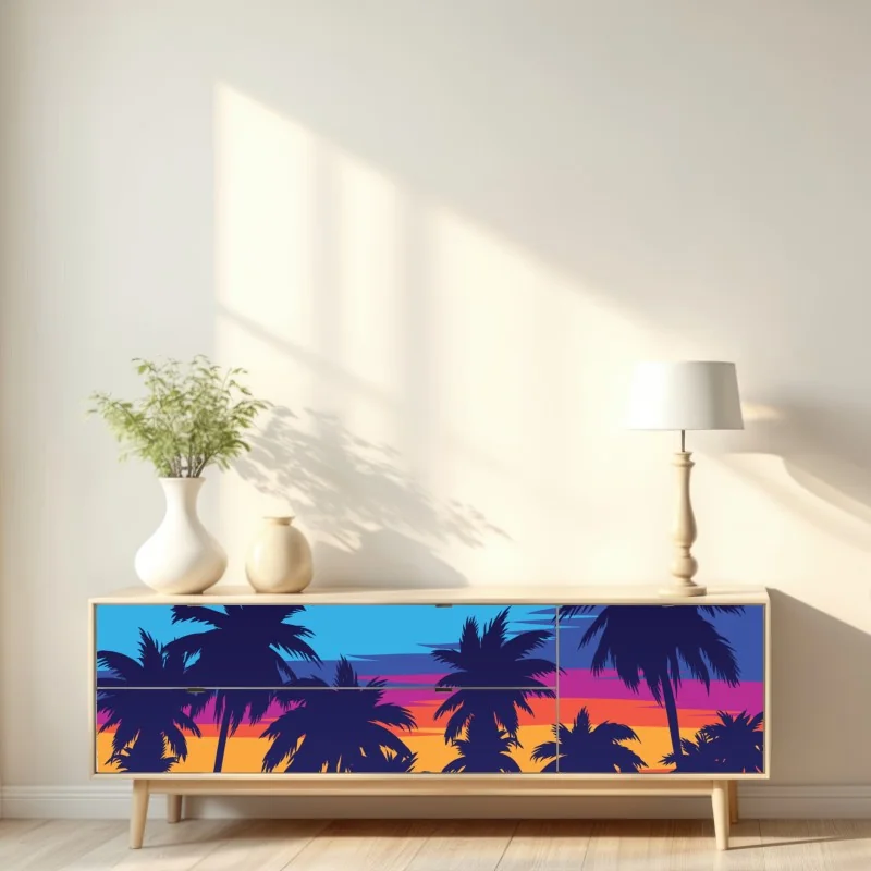 Naklejka repozycjonowalna żywy zachód słońca z palmami – Wallissimo® Naklejka repozycjonowalna żywy zachód słońca z palmami – Wallissimo®