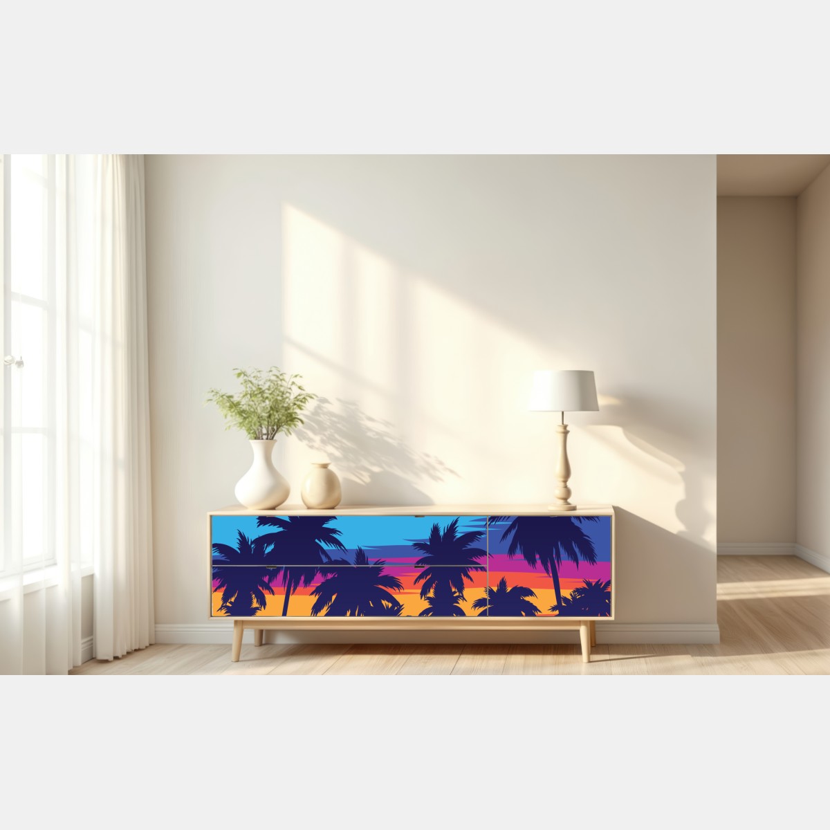 Naklejka repozycjonowalna żywy zachód słońca z palmami – Wallissimo® Naklejka repozycjonowalna żywy zachód słońca z palmami – Wallissimo®