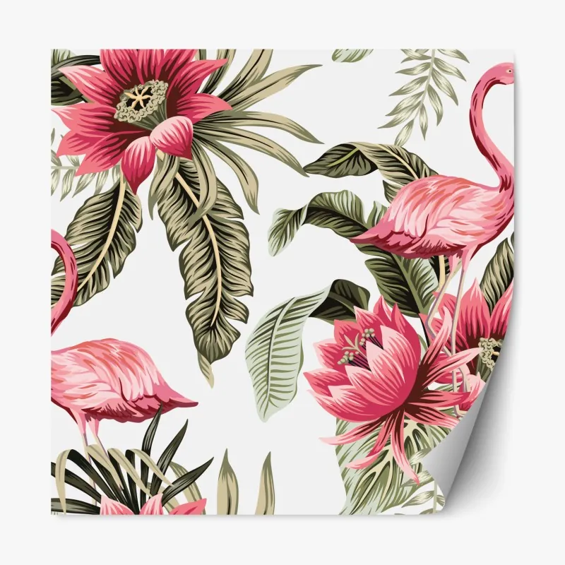 Naklejka repozycjonowalna tropikalne różowe flamingi i kwiaty