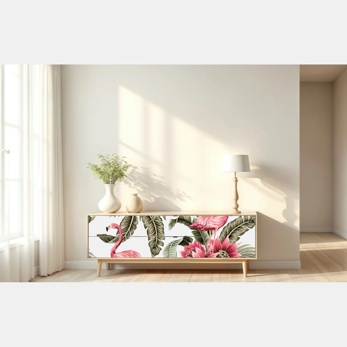 Naklejka repozycjonowalna tropikalne różowe flamingi i kwiaty – Wallissimo® Naklejka repozycjonowalna tropikalne różowe flamingi i kwiaty – Wallissimo®