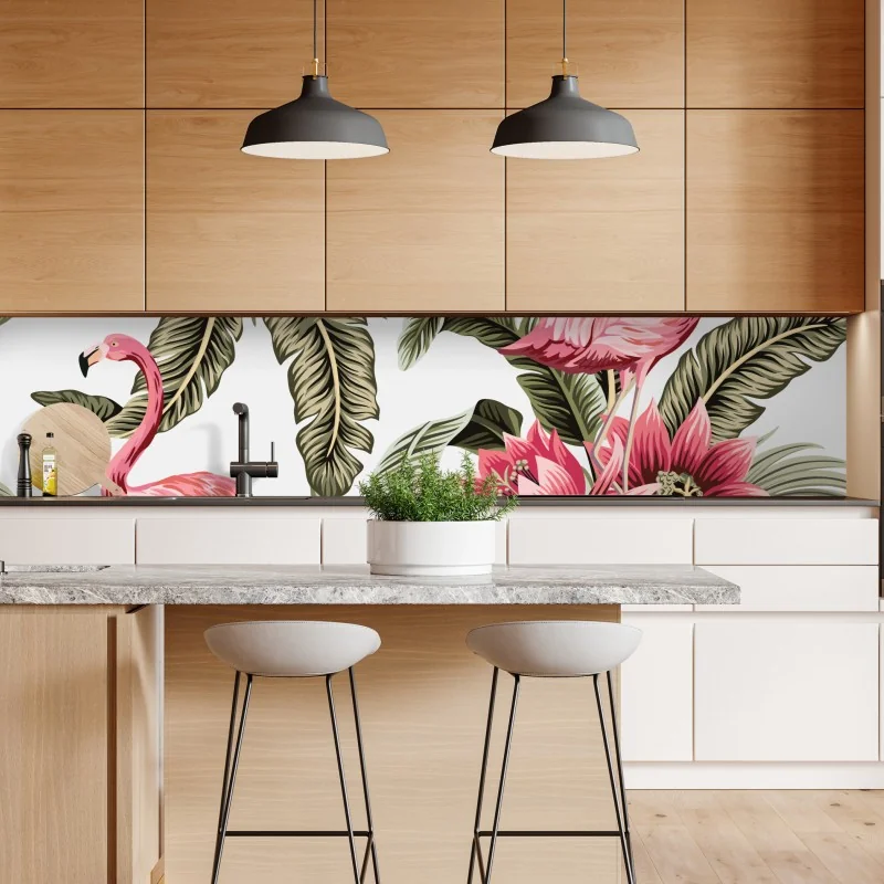 Naklejka repozycjonowalna tropikalne różowe flamingi i kwiaty – Wallissimo® Naklejka repozycjonowalna tropikalne różowe flamingi i kwiaty – Wallissimo®
