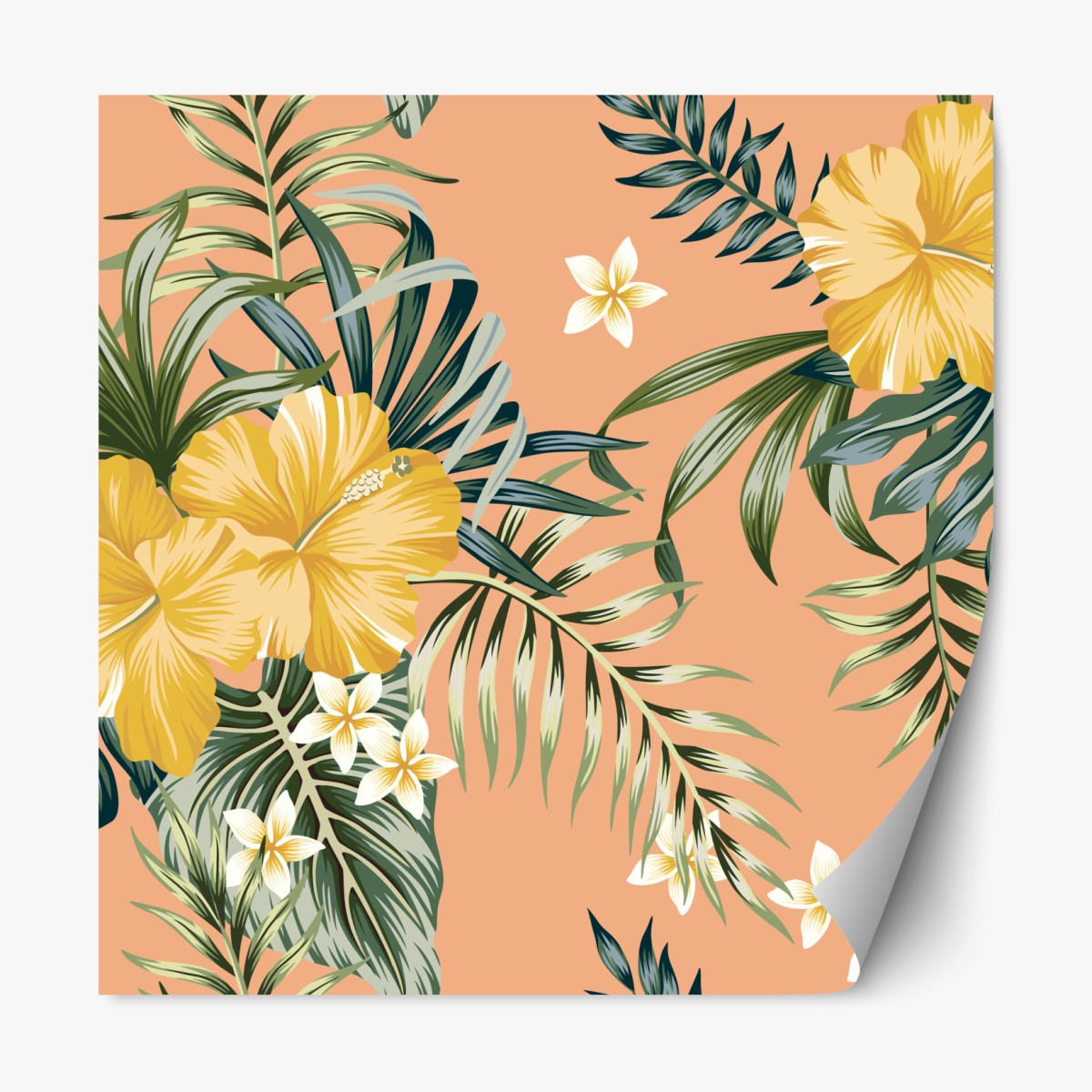 Repositionable sticker tropical hibiscus floral pattern on peach background