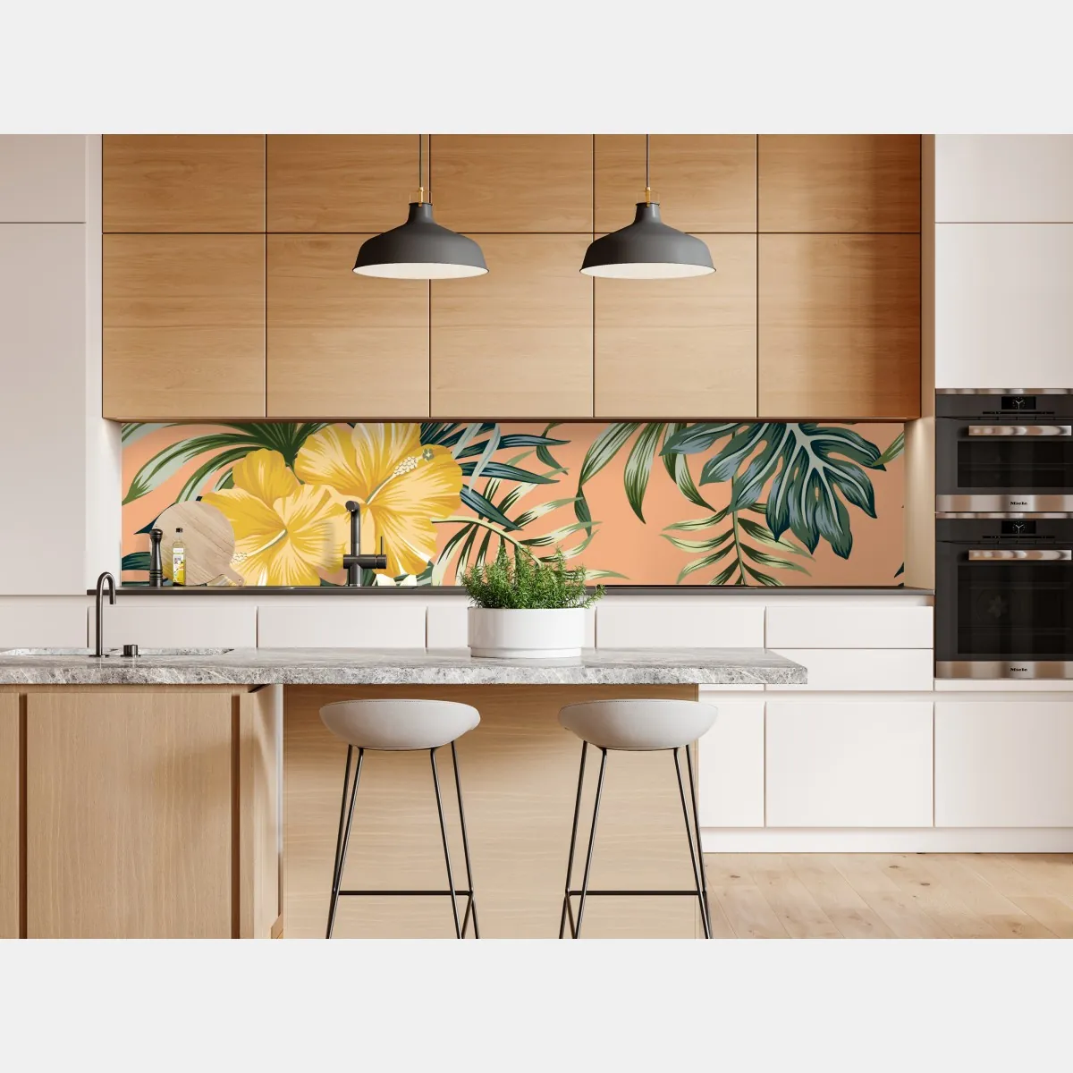 Naklejka repozycjonowalna tropikalny wzór z hibiskusem na brzoskwiniowym tle – Wallissimo® Naklejka repozycjonowalna tropikalny wzór z hibiskusem na brzoskwiniowym tle – Wallissimo®