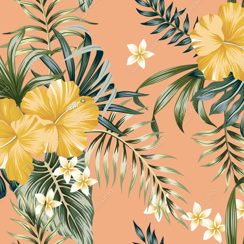 Naklejka repozycjonowalna tropikalny wzór z hibiskusem na brzoskwiniowym tle – Wallissimo® Naklejka repozycjonowalna tropikalny wzór z hibiskusem na brzoskwiniowym tle – Wallissimo®