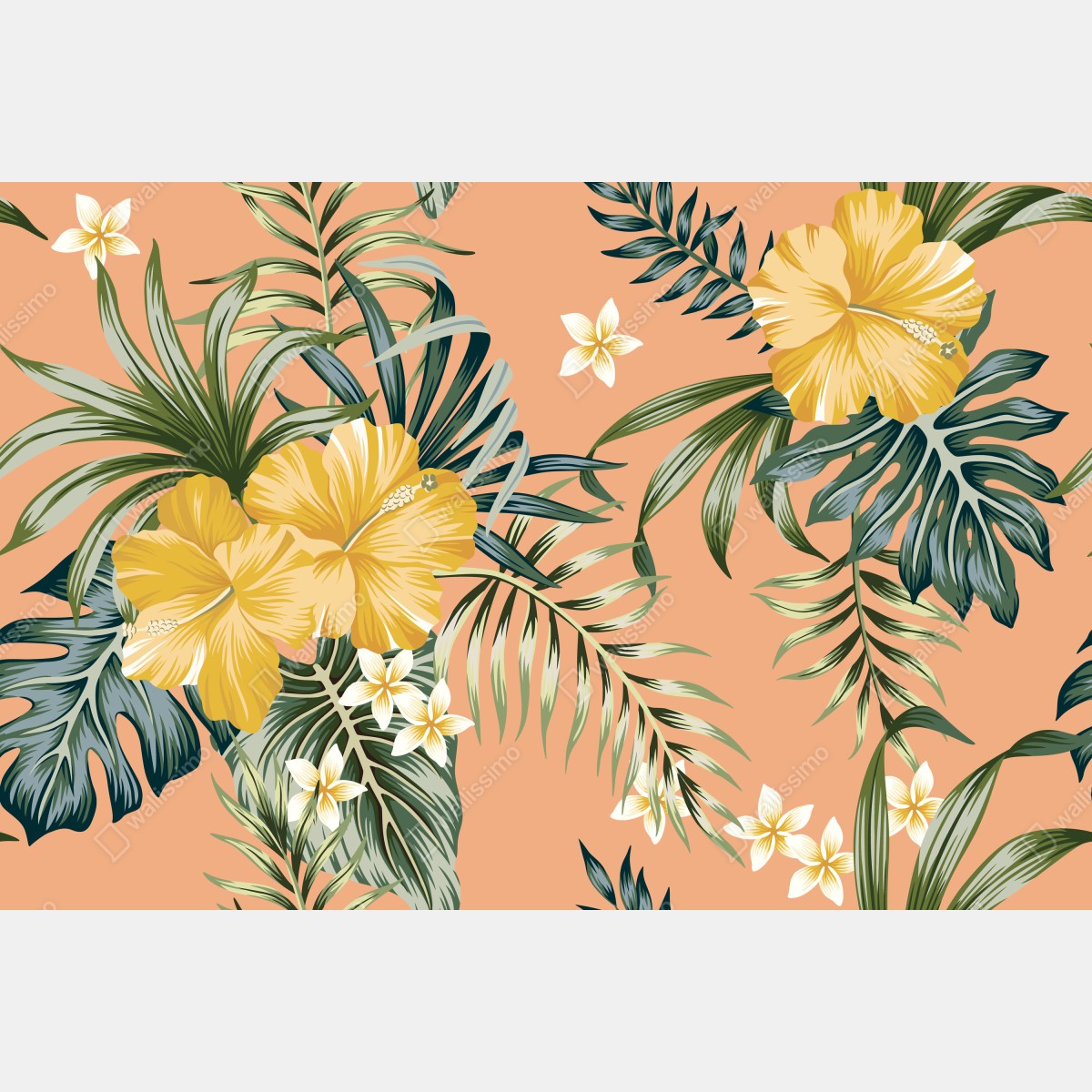 Naklejka repozycjonowalna tropikalny wzór z hibiskusem na brzoskwiniowym tle – Wallissimo® Naklejka repozycjonowalna tropikalny wzór z hibiskusem na brzoskwiniowym tle – Wallissimo®