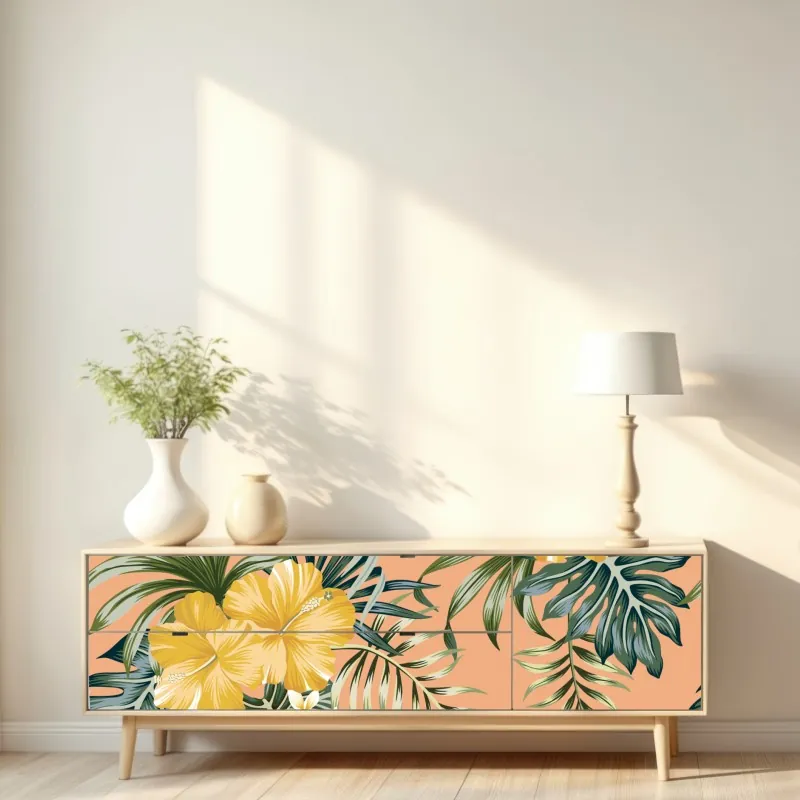 Naklejka repozycjonowalna tropikalny wzór z hibiskusem na brzoskwiniowym tle – Wallissimo® Naklejka repozycjonowalna tropikalny wzór z hibiskusem na brzoskwiniowym tle – Wallissimo®