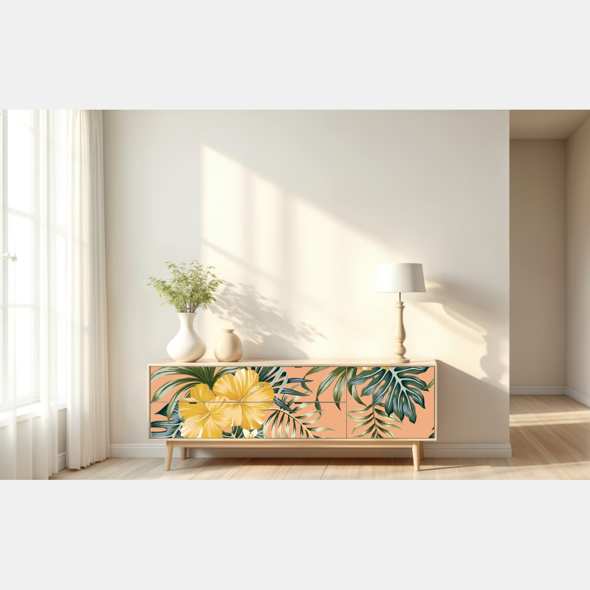 Naklejka repozycjonowalna tropikalny wzór z hibiskusem na brzoskwiniowym tle – Wallissimo® Naklejka repozycjonowalna tropikalny wzór z hibiskusem na brzoskwiniowym tle – Wallissimo®