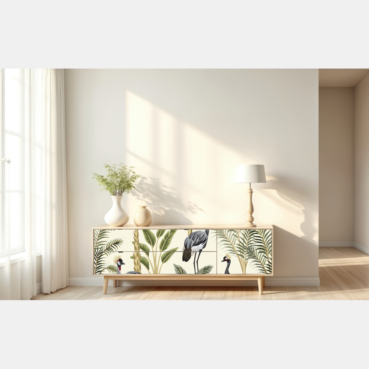 Naklejka repozycjonowalna tropikalne żurawie i palmy – Wallissimo® Naklejka repozycjonowalna tropikalne żurawie i palmy – Wallissimo®
