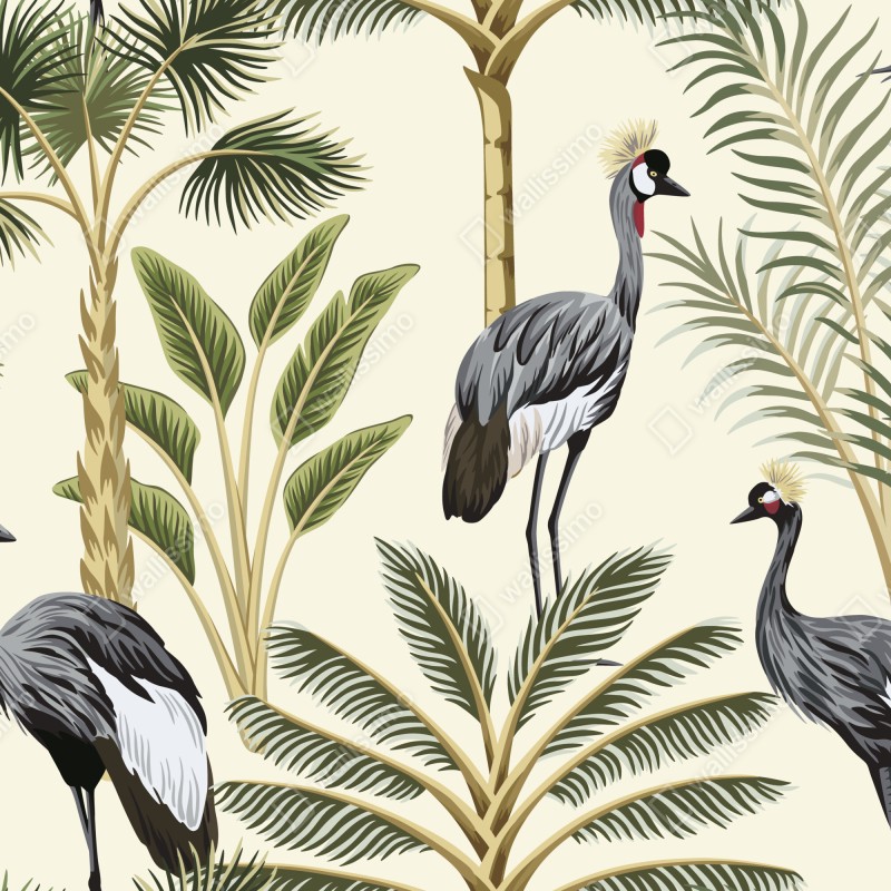 Naklejka repozycjonowalna tropikalne żurawie i palmy – Wallissimo® Naklejka repozycjonowalna tropikalne żurawie i palmy – Wallissimo®
