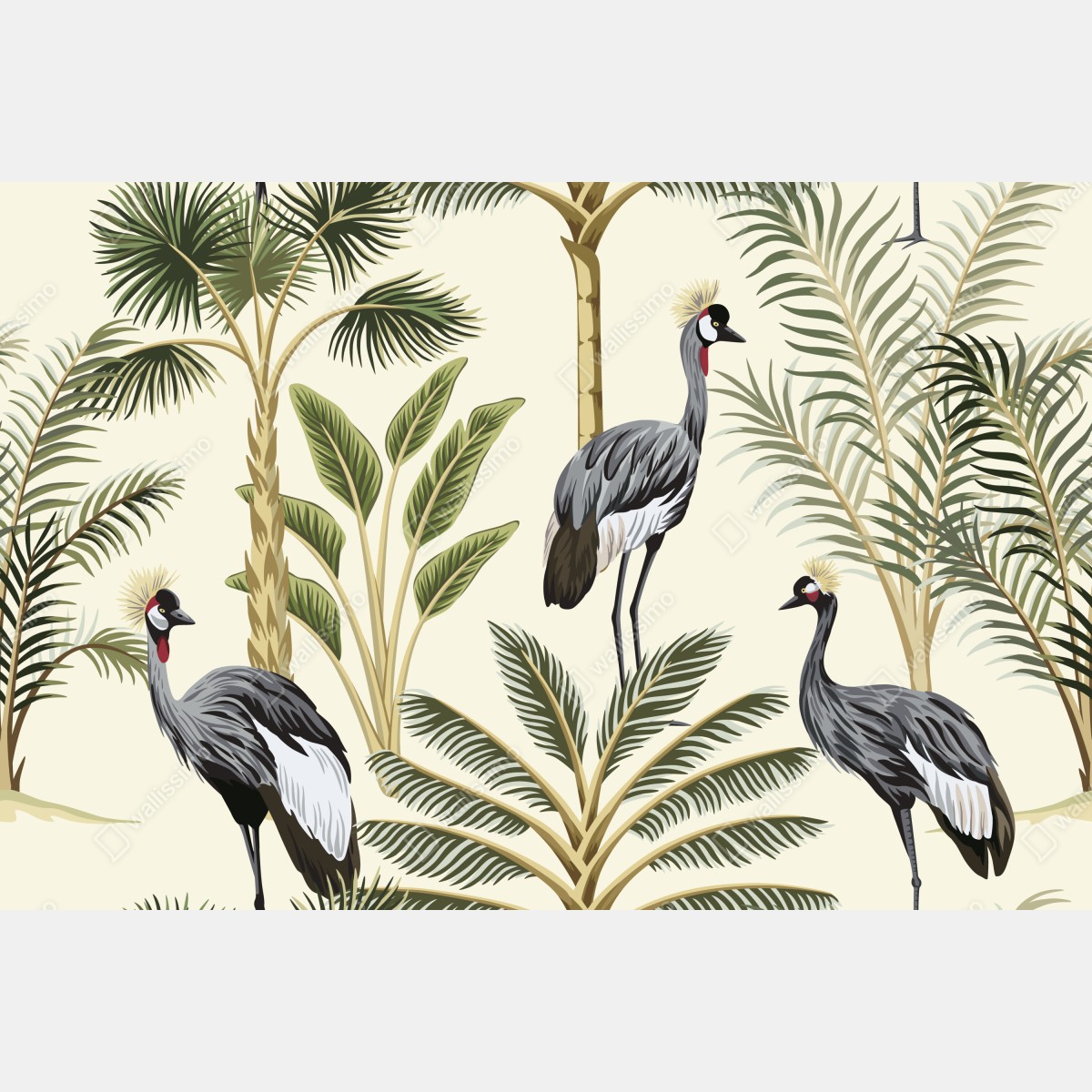 Naklejka repozycjonowalna tropikalne żurawie i palmy – Wallissimo® Naklejka repozycjonowalna tropikalne żurawie i palmy – Wallissimo®