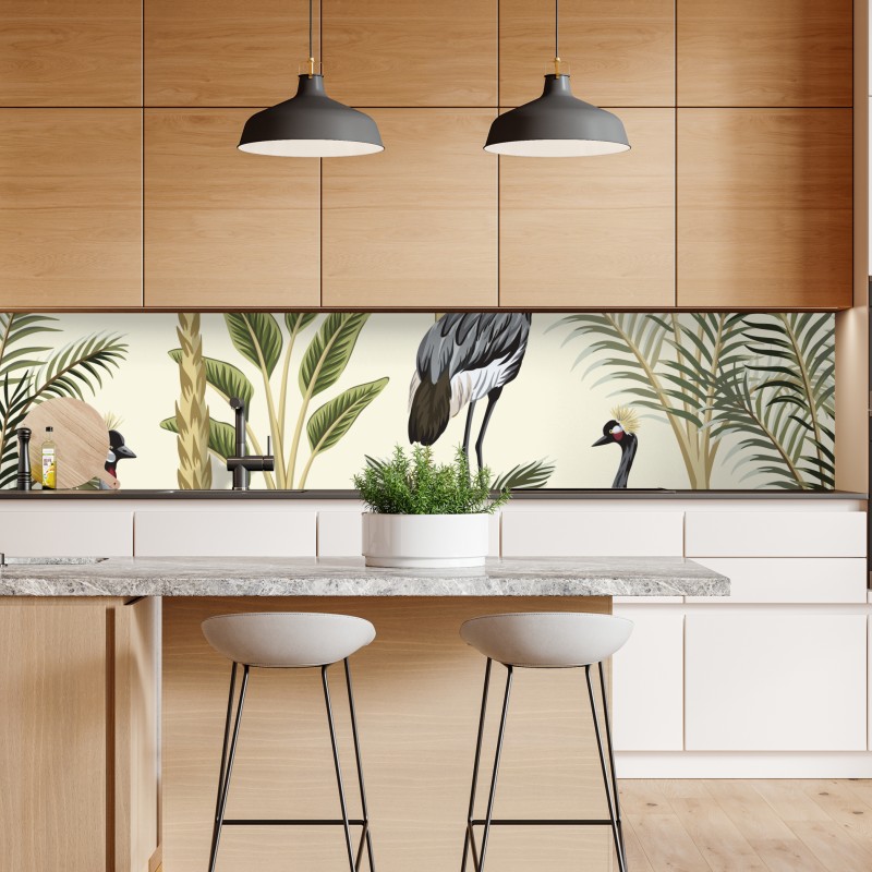 Naklejka repozycjonowalna tropikalne żurawie i palmy – Wallissimo® Naklejka repozycjonowalna tropikalne żurawie i palmy – Wallissimo®