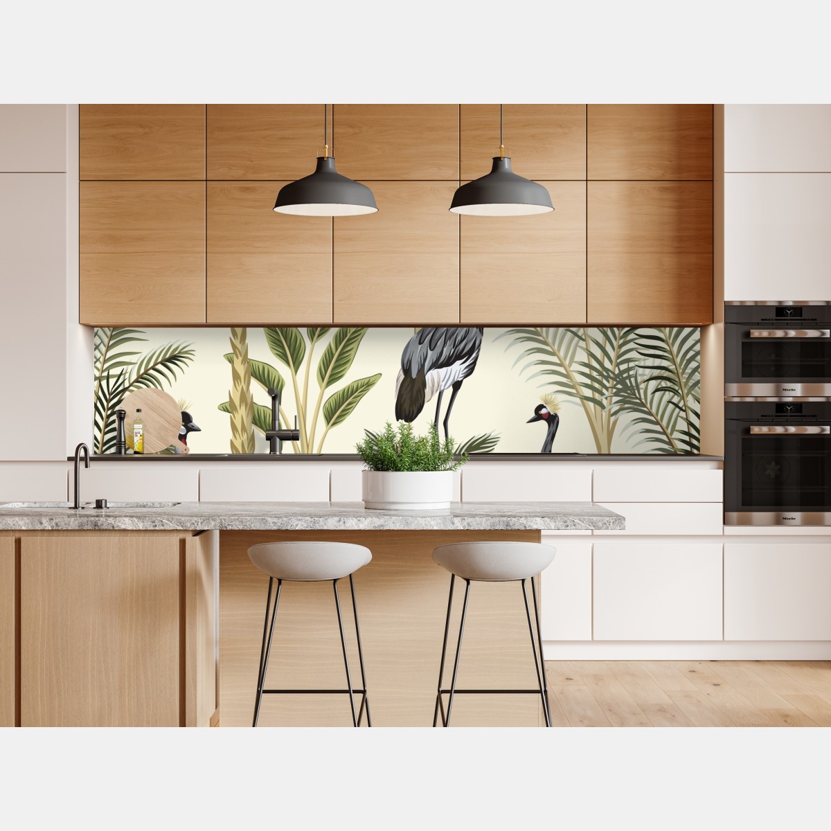 Naklejka repozycjonowalna tropikalne żurawie i palmy – Wallissimo® Naklejka repozycjonowalna tropikalne żurawie i palmy – Wallissimo®