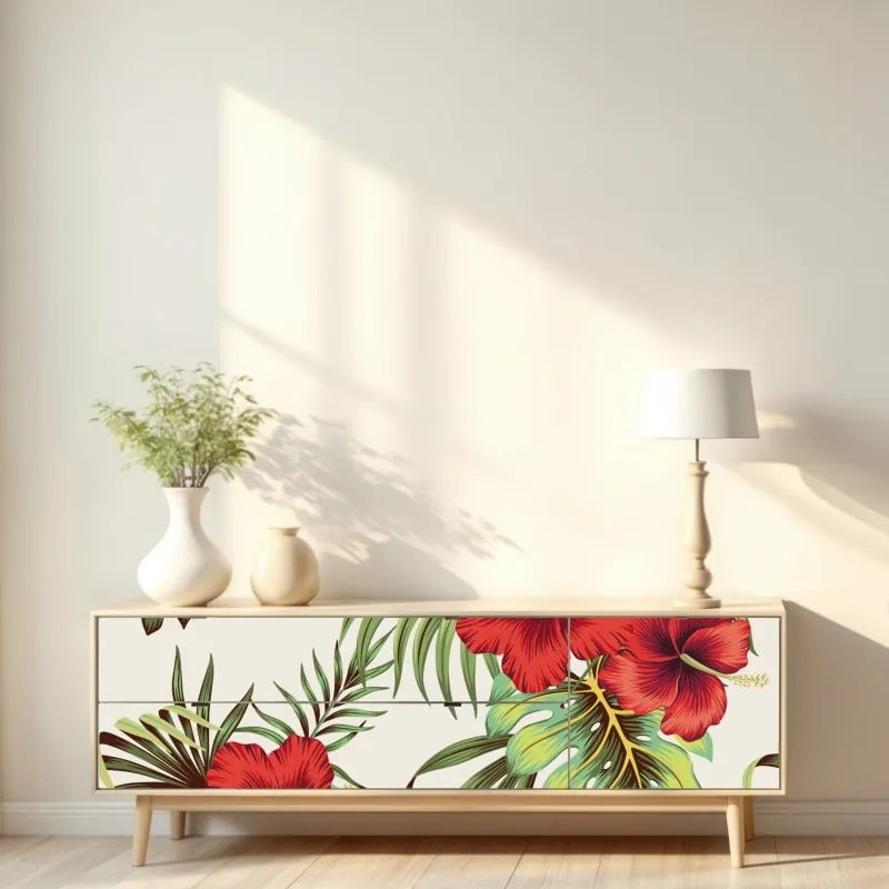 Naklejka repozycjonowalna tropikalny motyw hibiskusa – Wallissimo® Naklejka repozycjonowalna tropikalny motyw hibiskusa – Wallissimo®