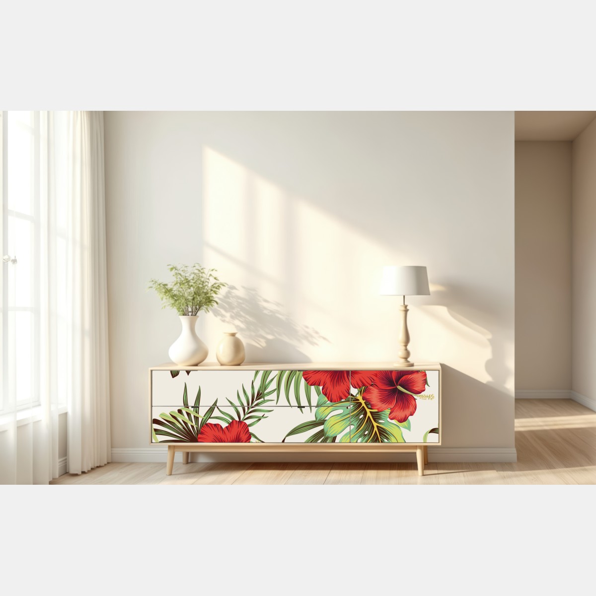 Naklejka repozycjonowalna tropikalny motyw hibiskusa – Wallissimo® Naklejka repozycjonowalna tropikalny motyw hibiskusa – Wallissimo®