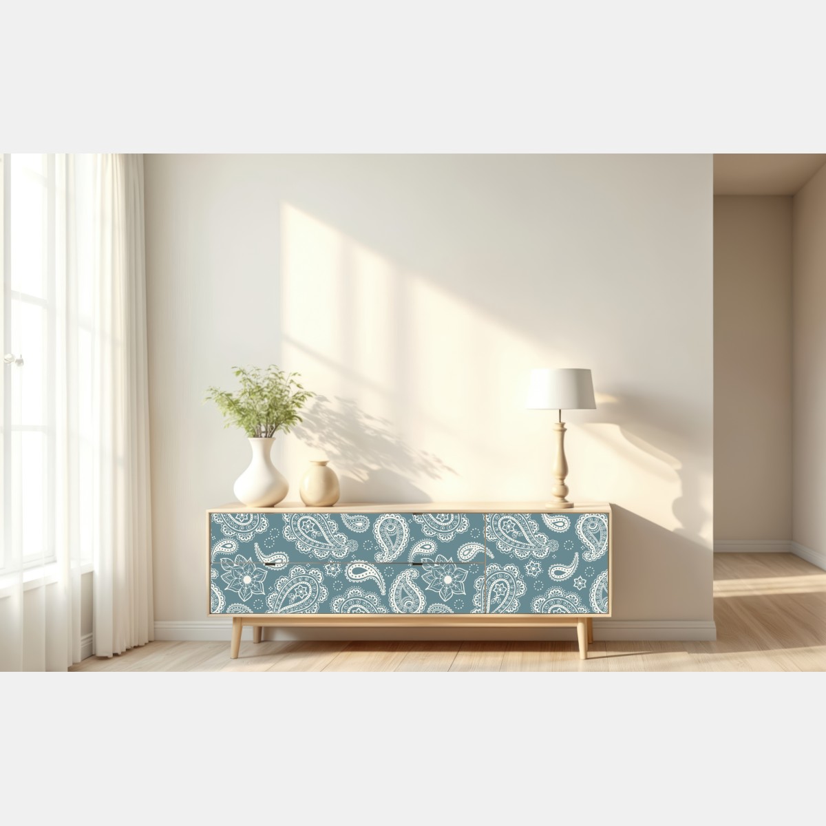 Naklejka repozycjonowalna morski wzór paisley z kwiatowymi motywami – Wallissimo® Naklejka repozycjonowalna morski wzór paisley z kwiatowymi motywami – Wallissimo®