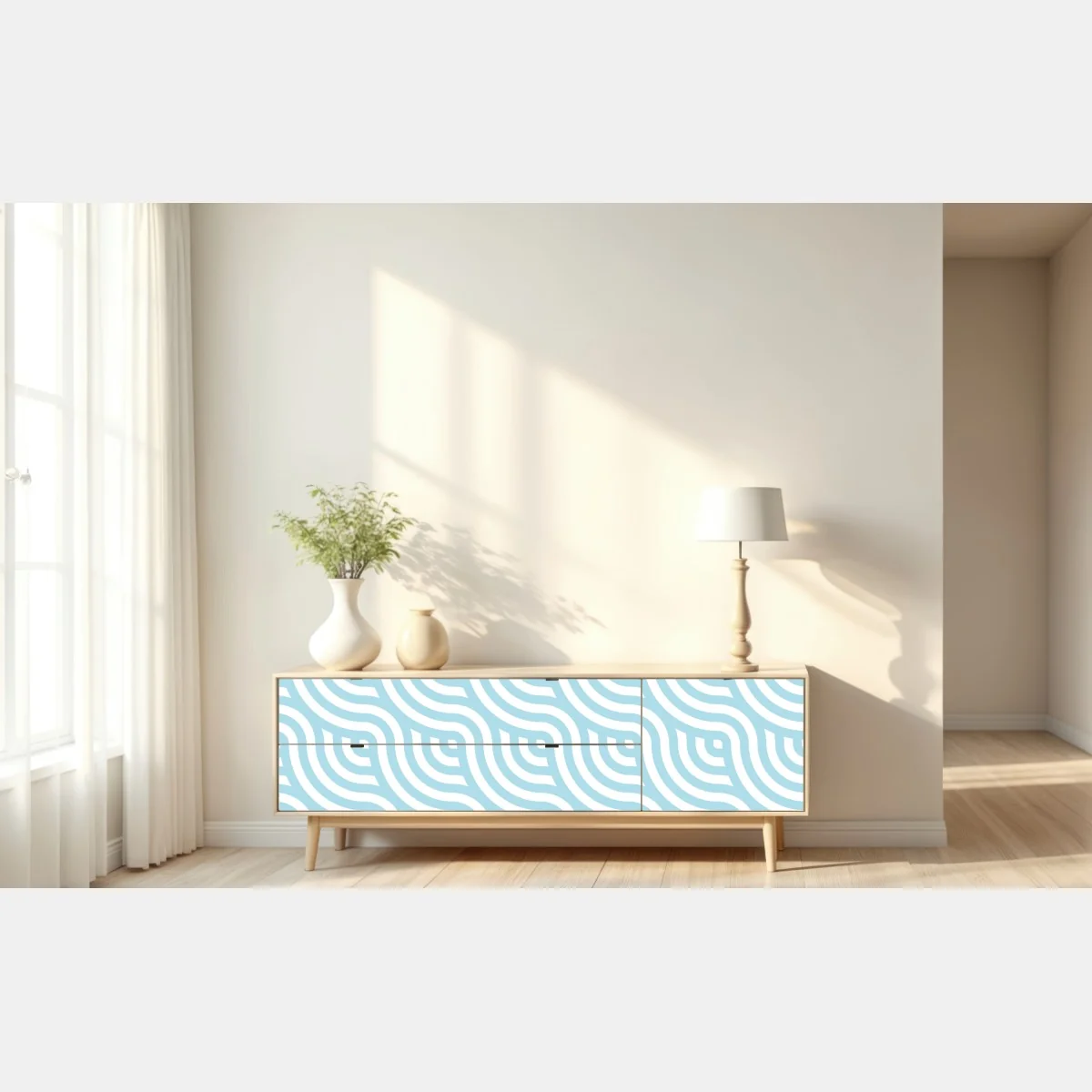 Naklejka repozycjonowalna miękki turkusowy geometryczny wzór fal – Wallissimo® Naklejka repozycjonowalna miękki turkusowy geometryczny wzór fal – Wallissimo®