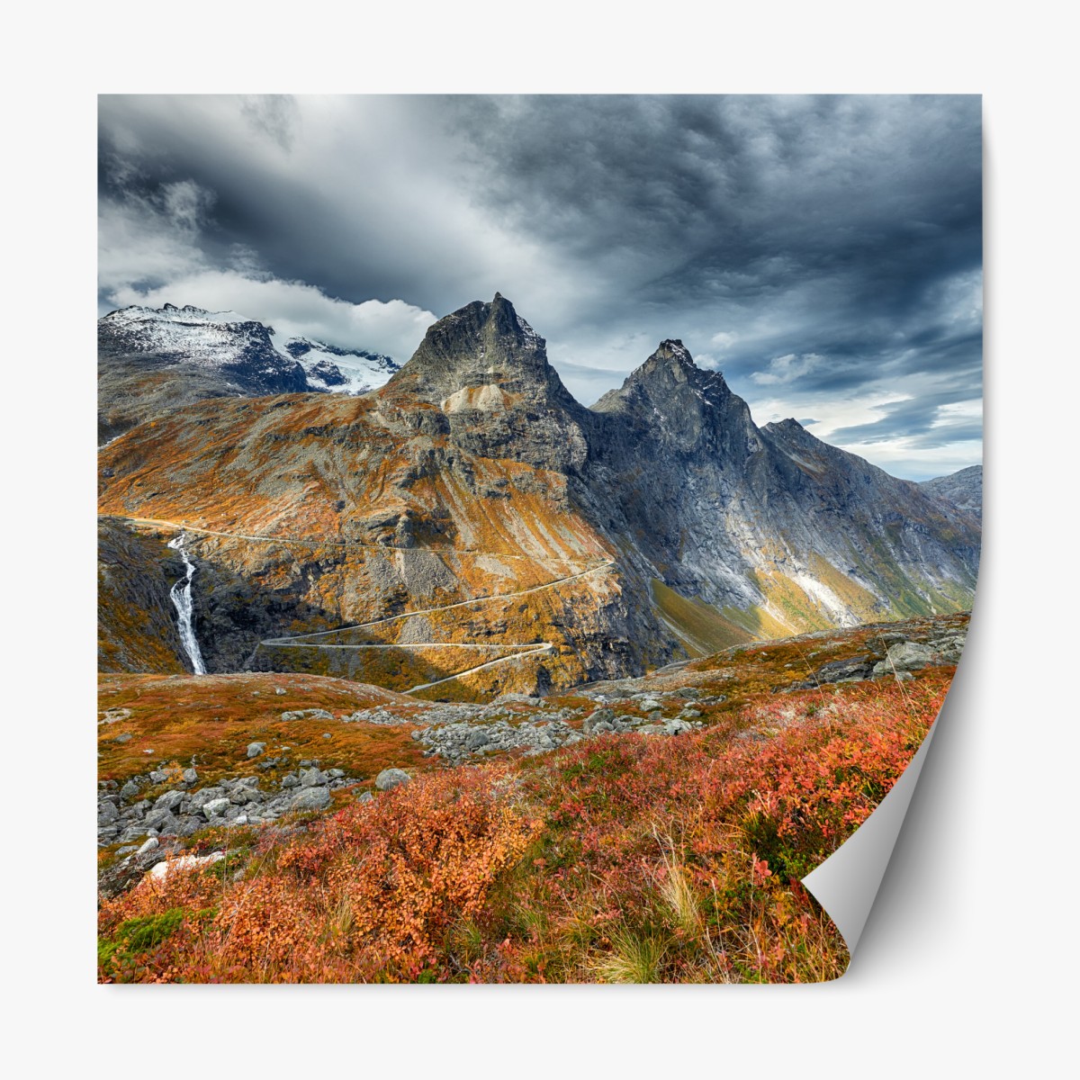 Repositionable sticker autumn mountain vista with waterfall and winding road