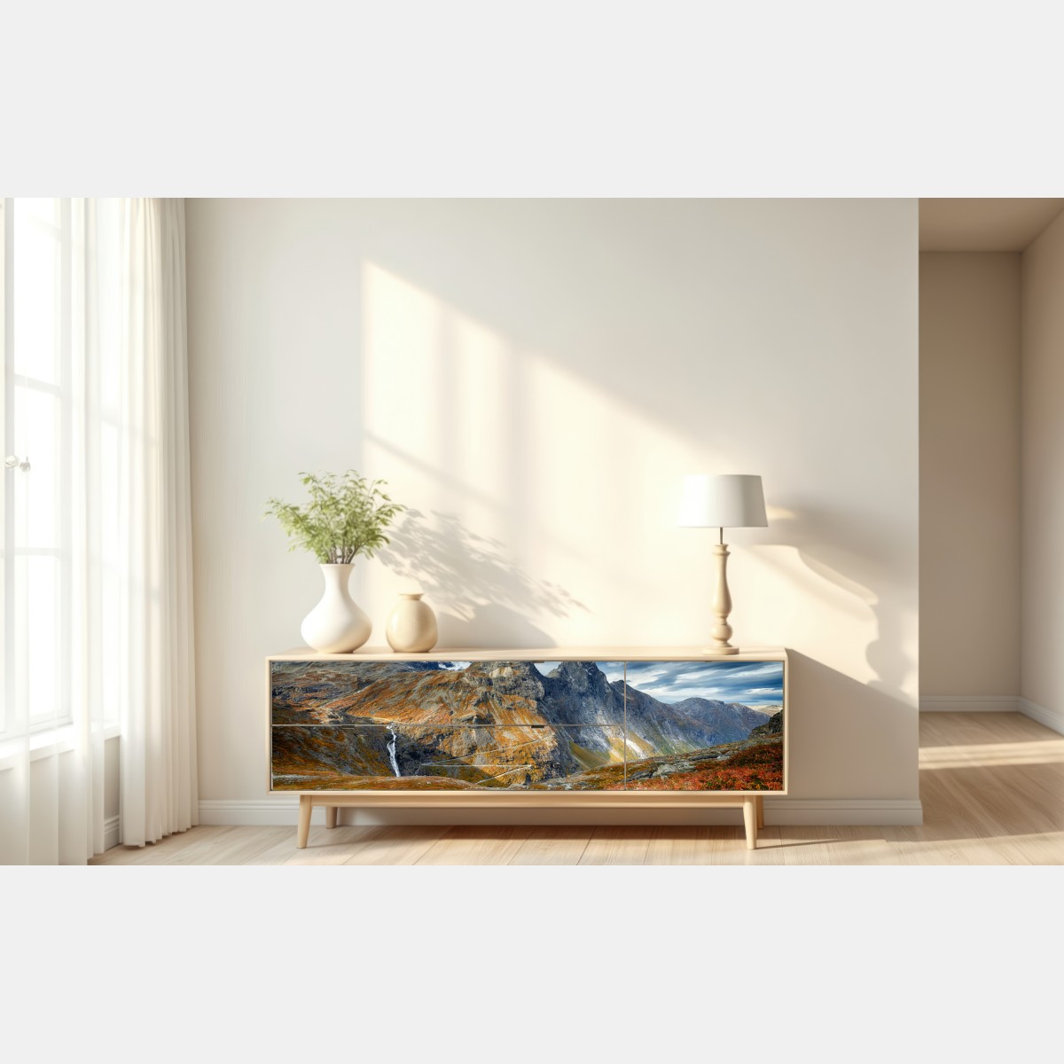 Naklejka repozycjonowalna jesienny krajobraz górski z wodospadem i wijącą się drogą – Wallissimo® Naklejka repozycjonowalna jesienny krajobraz górski z wodospadem i wijącą się drogą – Wallissimo®