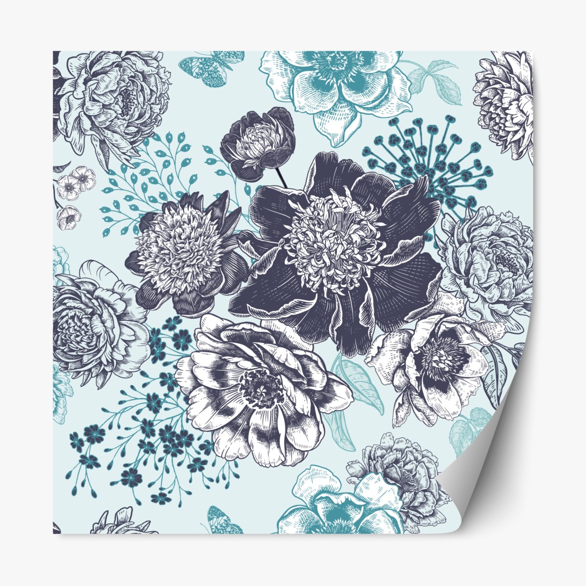 Repositionable sticker vintage peony botanical pattern in teal and navy