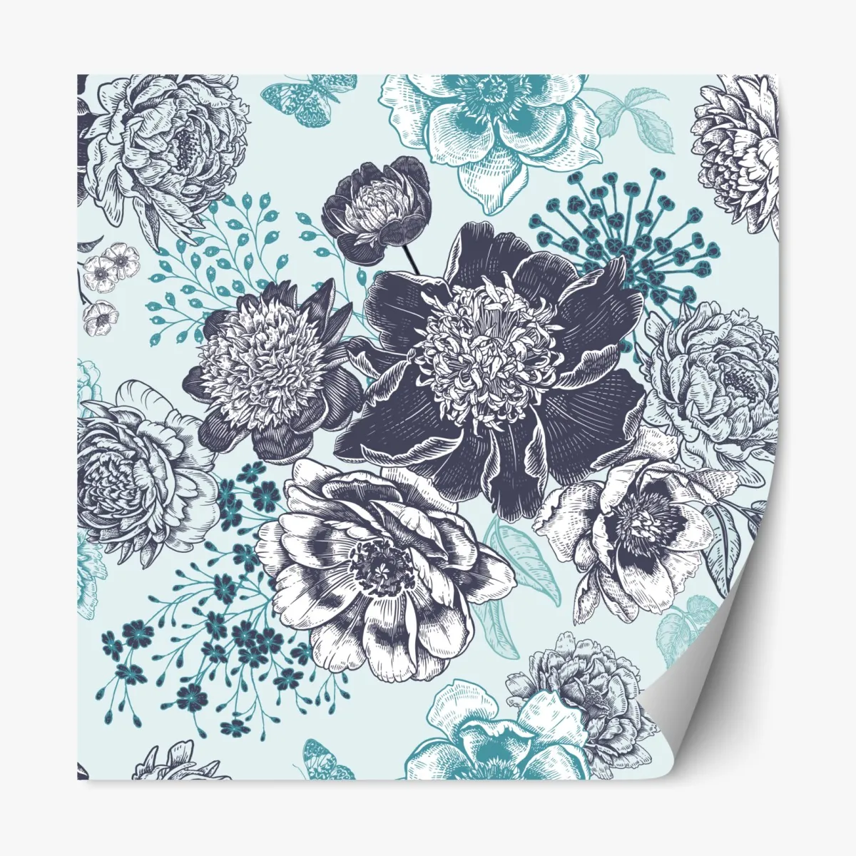 Naklejka repozycjonowalna kwiatowy wzór peonii w odcieniach turkusu i granatu – Wallissimo® Naklejka repozycjonowalna kwiatowy wzór peonii w odcieniach turkusu i granatu – Wallissimo®