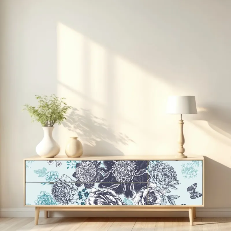 Naklejka repozycjonowalna kwiatowy wzór peonii w odcieniach turkusu i granatu – Wallissimo® Naklejka repozycjonowalna kwiatowy wzór peonii w odcieniach turkusu i granatu – Wallissimo®