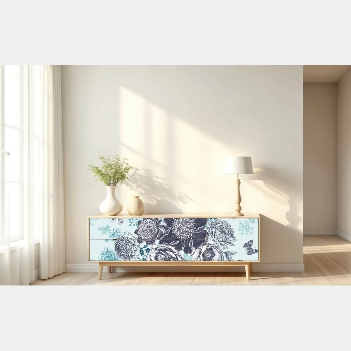 Naklejka repozycjonowalna kwiatowy wzór peonii w odcieniach turkusu i granatu – Wallissimo® Naklejka repozycjonowalna kwiatowy wzór peonii w odcieniach turkusu i granatu – Wallissimo®