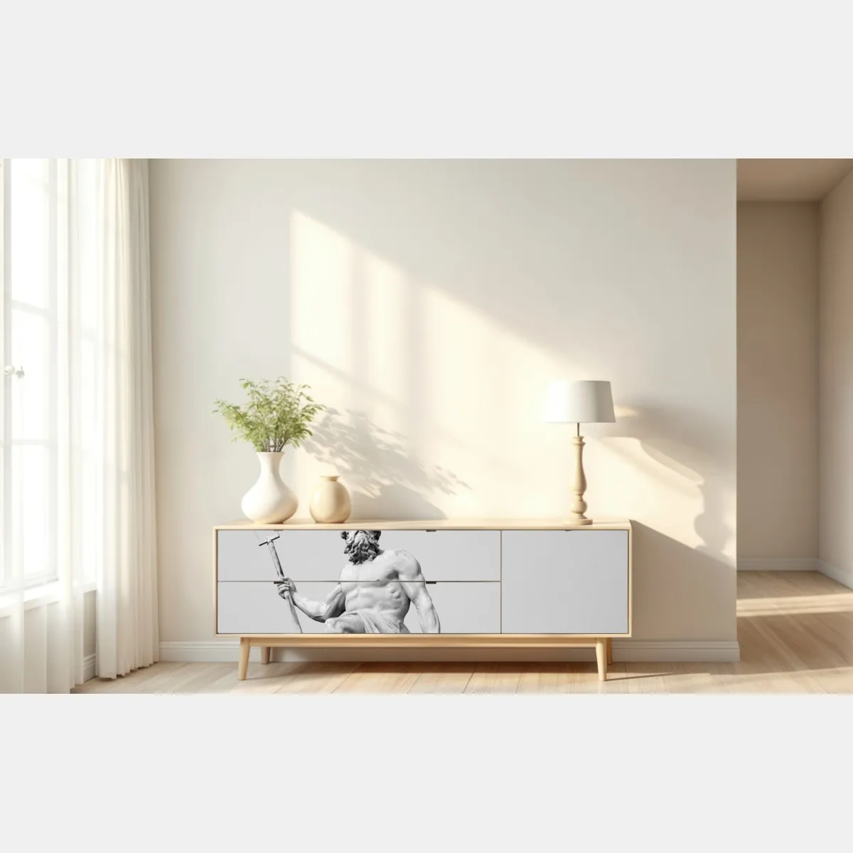 Naklejka repozycjonowalna Neptun klasyczny posąg w monochromie – Wallissimo® Naklejka repozycjonowalna Neptun klasyczny posąg w monochromie – Wallissimo®