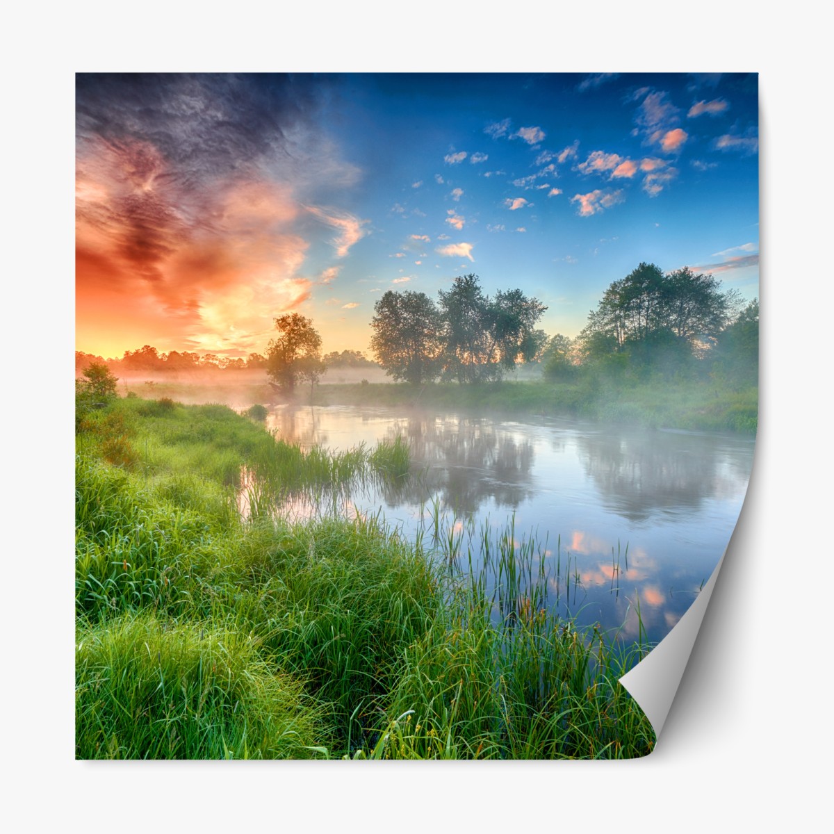 Repositionable sticker sunrise mist over riverbanks