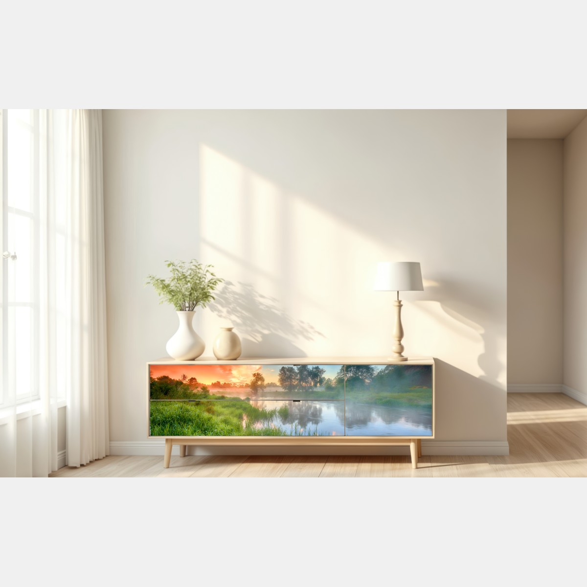 Naklejka repozycjonowalna mgła o świcie nad brzegiem rzeki – Wallissimo® Naklejka repozycjonowalna mgła o świcie nad brzegiem rzeki – Wallissimo®