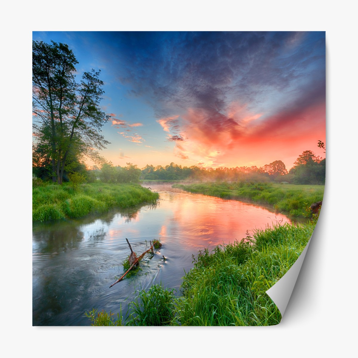Repositionable sticker sunrise over a misty riverbank