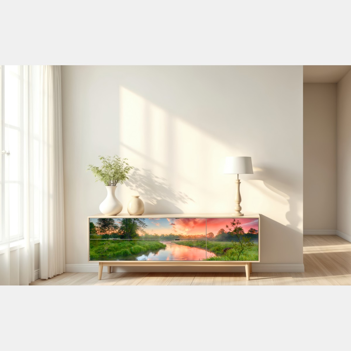 Naklejka repozycjonowalna wschód słońca nad mglistą rzeką – Wallissimo® Naklejka repozycjonowalna wschód słońca nad mglistą rzeką – Wallissimo®